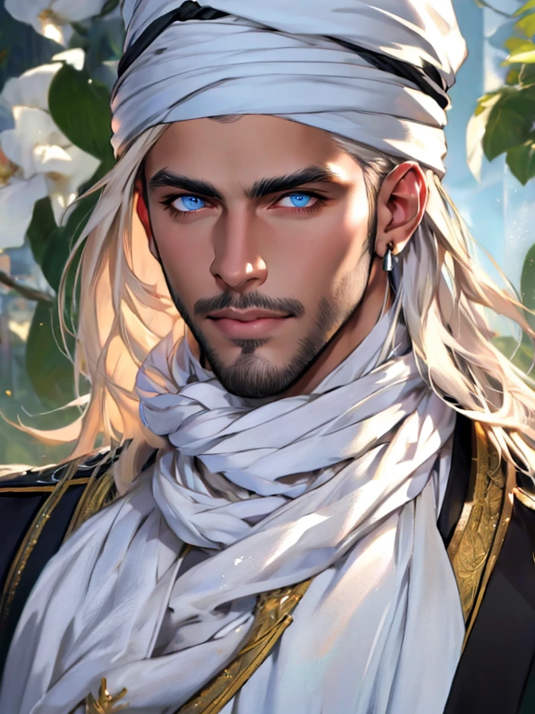 A tall, handsome, handsome young man with platinum blond hair, blue eyes, tanned skin, long straight platinum hair, dressed in the clothes of Arab sheikhs with a turban on his head. Masterpiece, perfect image, realistic pictures, detailed face study, full-length image, 8k, detailed image. extremely detailed illustration, a real masterpiece of the highest quality, with careful drawing.Masterpiece, perfect image, realistic pictures, detailed study of faces, full-length image, 8k, detailed image. extremely detailed illustration, a real masterpiece of the highest quality, with careful drawing.