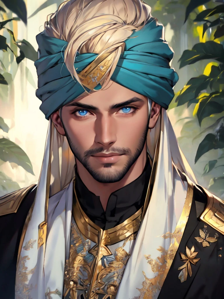 A tall, handsome, handsome young man with platinum blond hair, blue eyes, tanned skin, long straight platinum hair, dressed in the clothes of Arab sheikhs with a turban on his head. Masterpiece, perfect image, realistic pictures, detailed face study, full-length image, 8k, detailed image. extremely detailed illustration, a real masterpiece of the highest quality, with careful drawing.Masterpiece, perfect image, realistic pictures, detailed study of faces, full-length image, 8k, detailed image. extremely detailed illustration, a real masterpiece of the highest quality, with careful drawing.