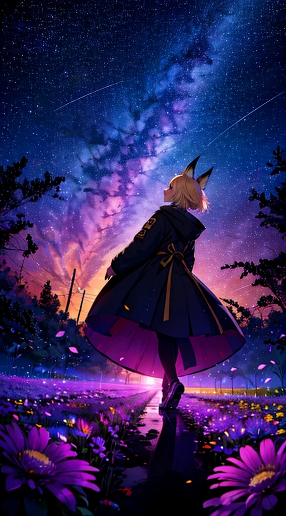 １people々々々々々々,Woman with medium length blonde hair，Fox Ears，Long coat，Takageta， Dress Silhouette， Rear View，Space Sky, Flower Field，Colorful flowers，Dancing Petals，