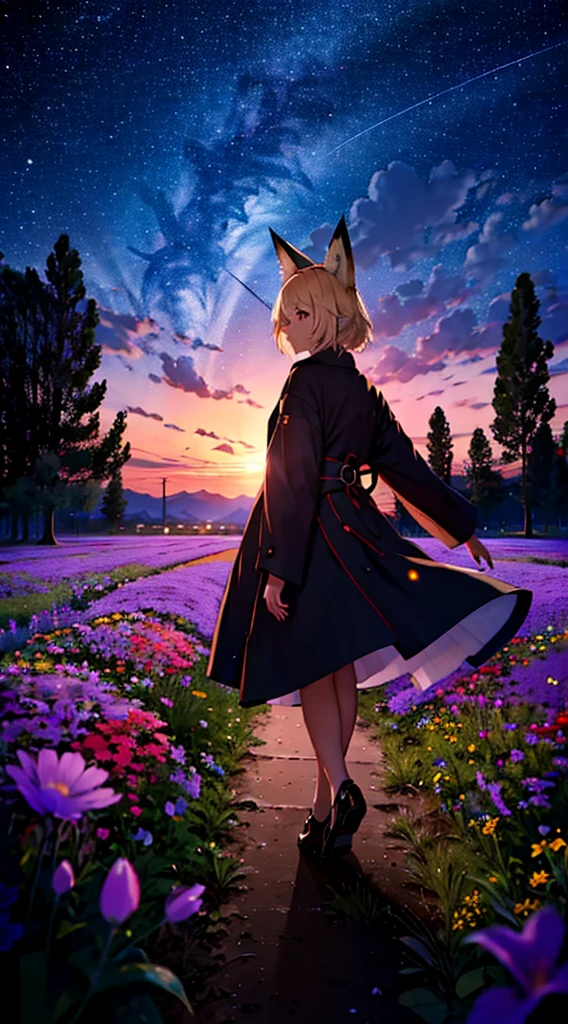 １people々々々々々々々,Woman with medium length blonde hair，Fox Ears，Long coat，Takageta， Dress Silhouette， Rear View，Space Sky, Flower Field，Colorful flowers，Dancing Petals，