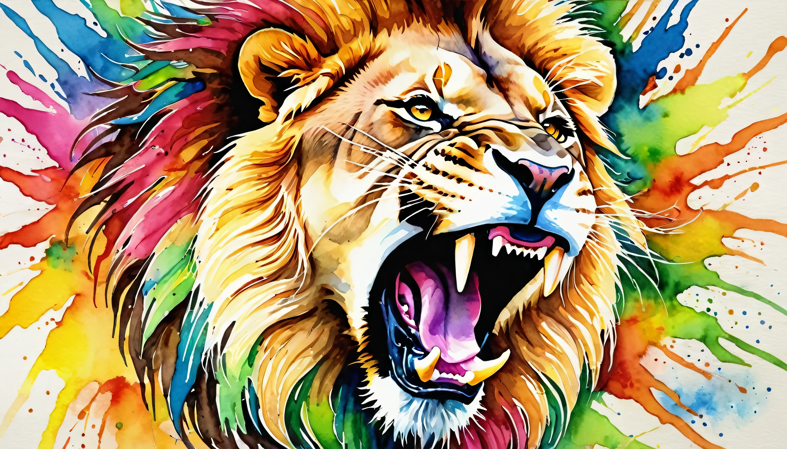 modern art, painting, drawing, watercolor, psychedelic colors, roaring lion, no_humans, open_mouth, fangs