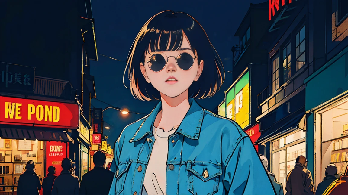 Beautiful Asian girl in a record store, Night view from the window, Composition showing the upper body, Perfect Face, sunglasses, Denim Jacket, Neon Black, (Backlight: 1.1), Hard Shadows, masterpiece, highest quality, Complex, Model shooting style, Vintage, Film Grain, Incomplete details