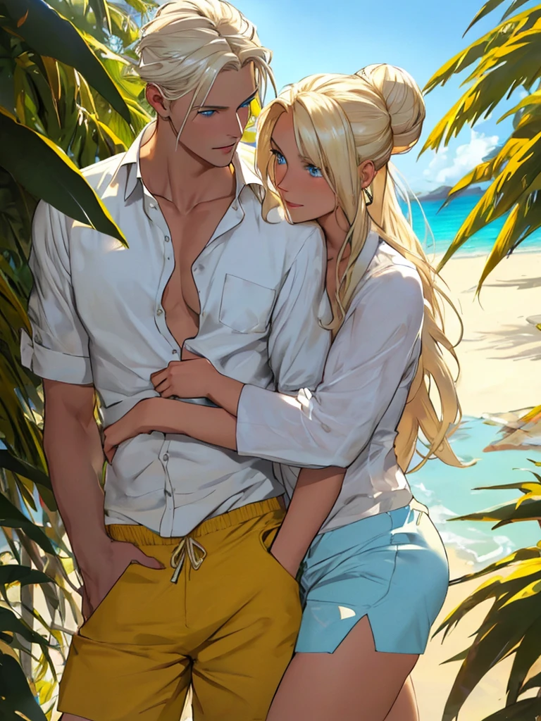 A tropical beach. A tall handsome young man is a platinum blonde with long straight white hair, clear blue eyes, he is dressed in an unbuttoned white shirt, the sleeves of which are rolled up to the elbow, and beach shorts, he hugs an incredibly beautiful femme fatale young woman with long golden hair gathered in a careless bun, she has blue eyes, she is dressed in yellow a bikini. They are happy, in love. Masterpiece, perfect image, realistic pictures, detailed face study, full-length image, 8k, detailed image. extremely detailed illustration, a real masterpiece of the highest quality, with careful drawing.