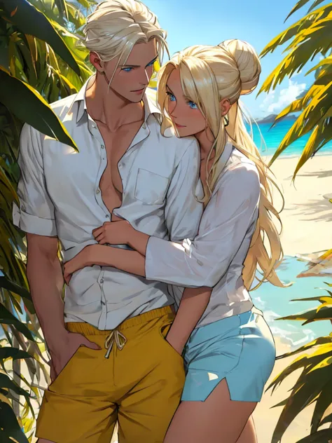 A tropical beach. A tall handsome young man is a platinum blonde with long straight white hair, clear blue eyes, he is dressed i...