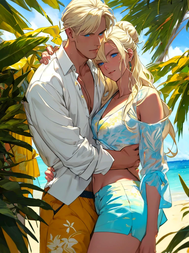 A tropical beach. A tall handsome young man is a platinum blonde with long straight white hair, clear blue eyes, he is dressed in an unbuttoned white shirt, the sleeves of which are rolled up to the elbow, and beach shorts, he hugs an incredibly beautiful femme fatale young woman with long golden hair gathered in a careless bun, she has blue eyes, she is dressed in yellow a bikini. They are happy, in love. Masterpiece, perfect image, realistic pictures, detailed face study, full-length image, 8k, detailed image. extremely detailed illustration, a real masterpiece of the highest quality, with careful drawing.