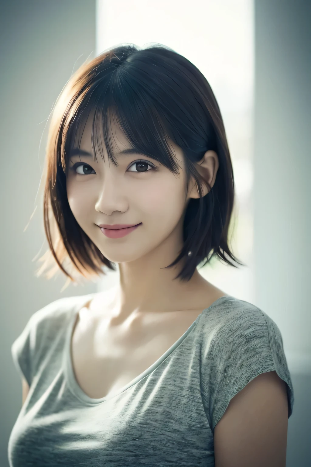 1 girl, (Wear casual clothes in spring:1.2), Very beautiful Japanese idol portraits, 
(RAW Photos, highest quality), (Realistic, Photorealistic:1.4), (masterpiece), 
Very delicate and beautiful, Very detailed, 2k wallpaper, wonderful, finely, very detailed CG Unity 8k wallpaper, Very detailed, High resolution, Soft Light, 
Beautiful detailed girl, Very detailed目と顔, Beautiful and detailed nose, Finely beautiful eyes, Cinema Lighting, 
(Simple light color background:1.3),
(short hair), (Parted bangs), 
Complete Anatomy, Slender body, Small breasts, smile