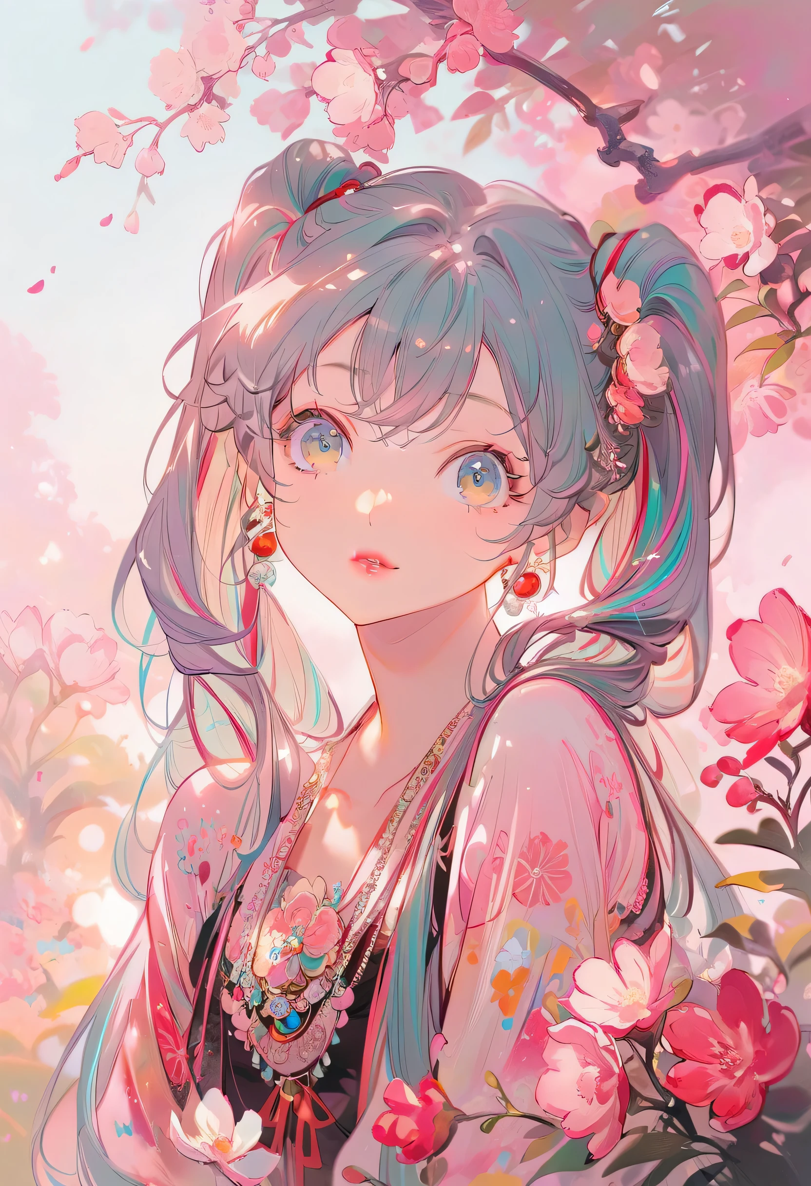 (Hatsune Miku:1.5),beautiful detailed eyes, beautiful detailed lips, long eyelashes, colorful hair, cute outfit, joyful expression, summer garden background, sunlit atmosphere, vibrant colors, medium:illustration, ultra-detailed, painterly style, warm color palette, soft lighting, best quality, highres,1 Girl,