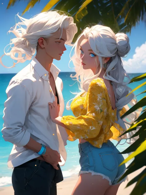 A couple in love. 1 young man 1 young woman. A tropical beach. A tall, handsome young man - platinum blond with long straight wh...