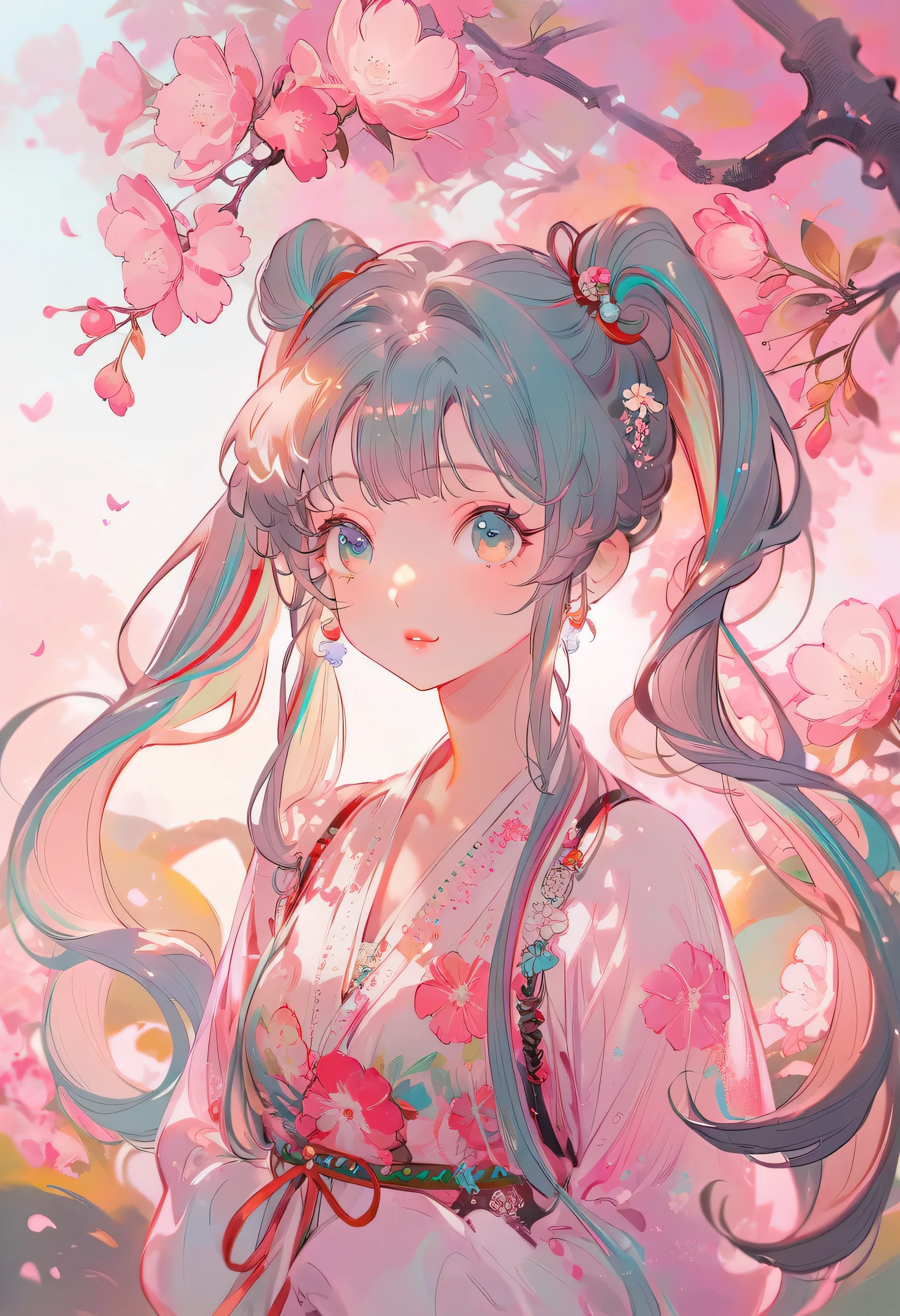 (Hatsune Miku:1.5),beautiful detailed eyes, beautiful detailed lips, long eyelashes, colorful hair, cute outfit, joyful expression, summer garden background, sunlit atmosphere, vibrant colors, medium:illustration, ultra-detailed, painterly style, warm color palette, soft lighting, best quality, highres,1 Girl,