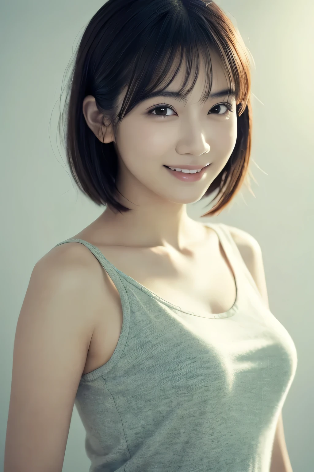 1 girl, (Wear casual clothes in spring:1.2), Very beautiful Japanese idol portraits, 
(RAW Photos, highest quality), (Realistic, Photorealistic:1.4), (masterpiece), 
Very delicate and beautiful, Very detailed, 2k wallpaper, wonderful, finely, very detailed CG Unity 8k wallpaper, Very detailed, High resolution, Soft Light, 
Beautiful detailed girl, Very detailed目と顔, Beautiful and detailed nose, Finely beautiful eyes, Cinema Lighting, 
(Simple light color background:1.3),
(short hair), (Parted bangs), 
Complete Anatomy, Slender body, Small breasts, smile