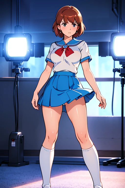 (masterpiece, highest quality, High resolution, 8k, Realistic), High School Girl Nausicaa, very cute, Sad expression, beautiful girl, Pure, Baby Face, blush, alone, Brown Hair, short hair, Red Gem Earrings, Puzzled, Secret Feelings, Moist eyes, (Looking at the audience), Cleavage, Beautiful breasts, (High School Girl Uniform, mini skirt,Knee-high socks), Perfect beauty, Slim body, Luxury hotel suites, (Perfectly detailed anatomy, Beautiful and elaborate face&eye:1.5, Shiny skin, Perfect body)、White underwear、I want to see the whole body