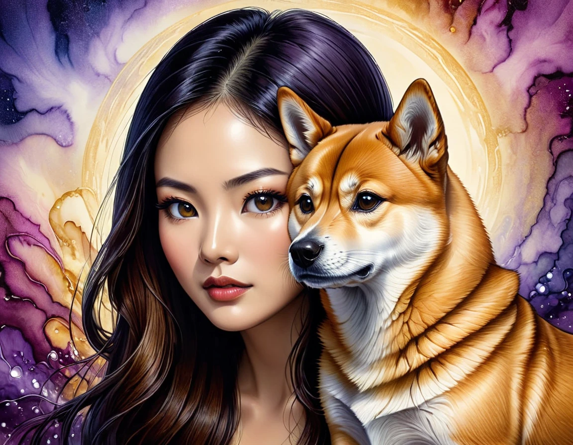 A woman gazing into the penetrating eyes of a Shiba Inu dog, bare details of the surroundings highlighting the optical illusion artistry, mastered by the skilled hand of Octavio Ocampo, stunningly capturing the shiba's curious tilt of the head, eyes that appear to be observing the woman as intently as she is the dog, Immersed in a spectral show of alcohol ink, imbued with an aura of unexplainable,  digital render, High Resolution, High Quality, Masterpiece