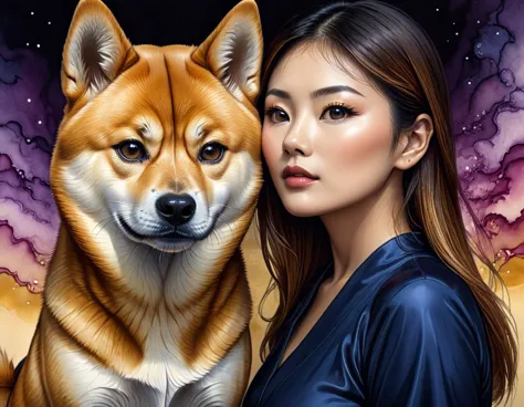A woman gazing into the penetrating eyes of a Shiba Inu dog, bare details of the surroundings highlighting the optical illusion ...