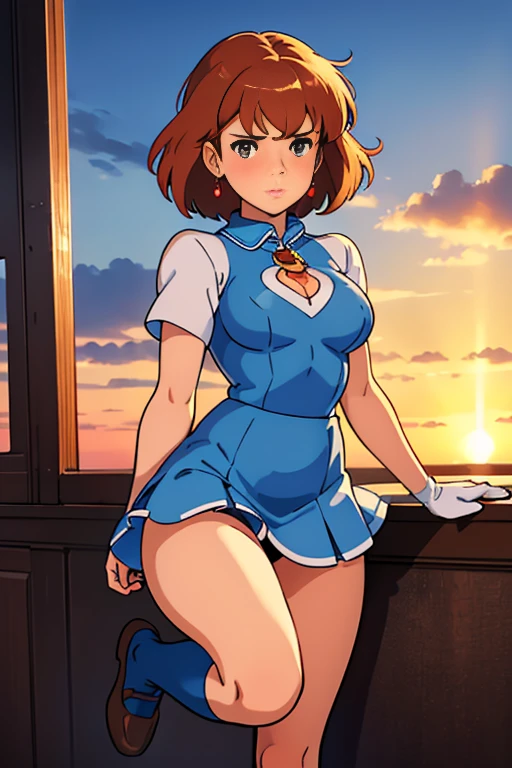 (masterpiece, highest quality, High resolution, 8k, Realistic), High School Girl Nausicaa, very cute, Sad expression, beautiful girl, Pure, Baby Face, blush, alone, Brown Hair, short hair, Red Gem Earrings, Puzzled, Secret Feelings, Moist eyes, (Looking at the audience), Cleavage, Beautiful breasts, (High School Girl Uniform, mini skirt,Knee-high socks), Perfect beauty, Slim body, Luxury hotel suites, (Perfectly detailed anatomy, Beautiful and elaborate face&eye:1.5, Shiny skin, Perfect body)、T-back underwear、I want to see the whole body