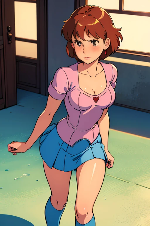 (masterpiece, highest quality, High resolution, 8k, Realistic), High School Girl Nausicaa, very cute, Sad expression, beautiful girl, Pure, Baby Face, blush, alone, Brown Hair, short hair, Red Gem Earrings, Puzzled, Secret Feelings, Moist eyes, (Looking at the audience), Cleavage, Beautiful breasts, (High School Girl Uniform, mini skirt,Knee-high socks), Perfect beauty, Slim body, Luxury hotel suites, (Perfectly detailed anatomy, Beautiful and elaborate face&eye:1.5, Shiny skin, Perfect body)、T-back underwear、As I turned around, I want to see the whole body