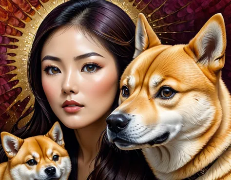 A woman gazing into the penetrating eyes of a Shiba Inu dog, bare details of the surroundings highlighting the optical illusion ...