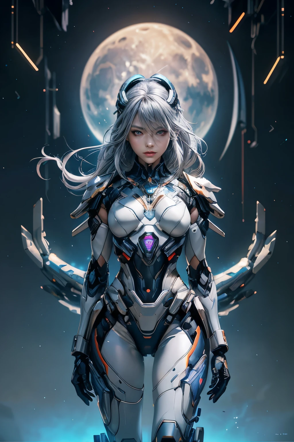 CG Mecha, Beautiful Eyes, Two people、Upper Body, （Mechanic Armor）, Portraiture,jet suit、Complex３ｄheadset、perfection、Neon Light, 8k, born, highest quality, Tabletop, 超A high resolution, colorful, (medium wide shot), (Dynamic Perspective), Sharp focus , (Depth of written boundary, Bokeh:1.3),rossdraws cartoon vibrant、Contemporary art, Highly detailed eyes and face,Ninja Artist, Beautiful fine details、iron, Trim Gear:1.2), ((Tabletop, highest quality)), Detailed Background, Inside the spaceship、Grab your weapon、（Gray Hair）、blue eyes、born物発光、Crescent Moon、Fantasy,masterpiece,Plug in、spectrum、confusion、kaleidoscope