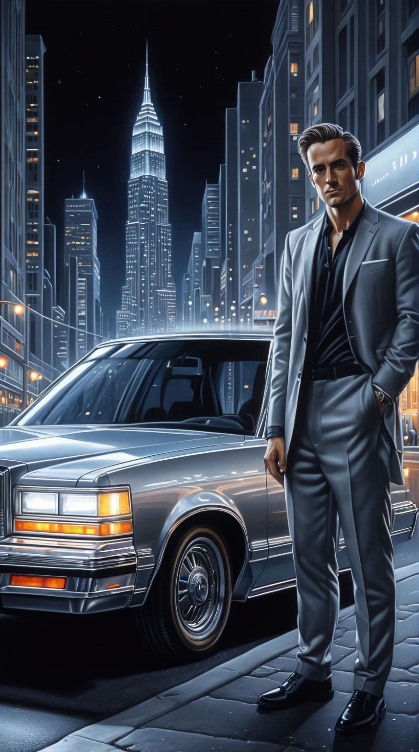 drawing of a man, with (hyperdetailed face: 1,3), posing next to his silver gray sedan car. Street, night, illuminated buildings, hyperrealistic background, blur background. By Alex Ross, detailed, 8k