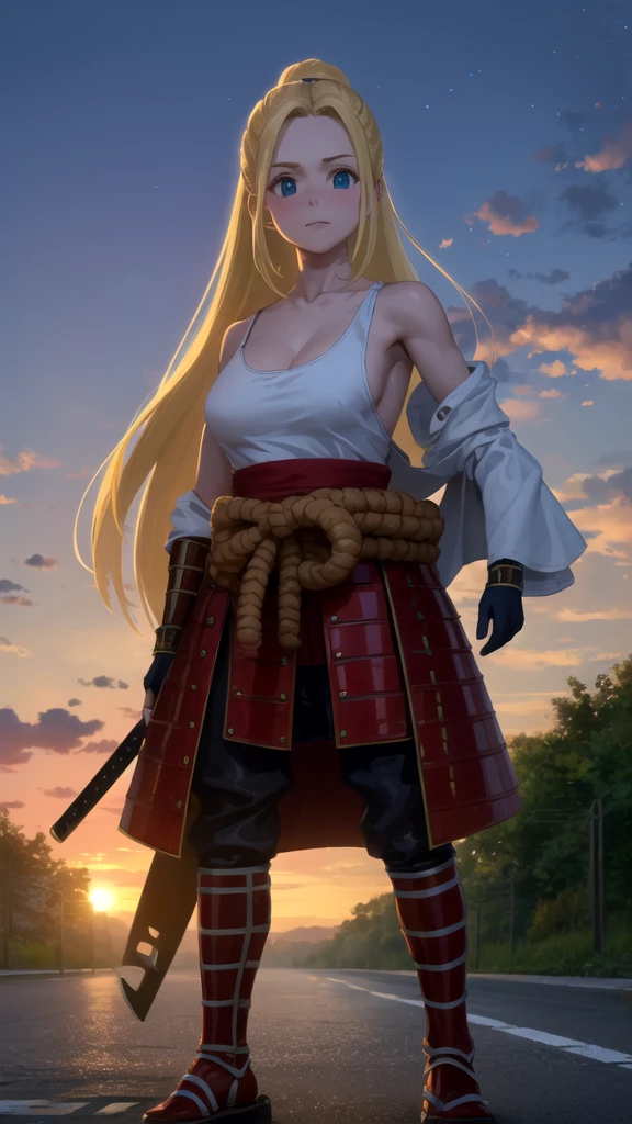 Realistic, (4K), Depth of written boundary, (masterpiece), (Realistic skin texture), Very detailed, Complex, Super detailed, Professional photography, Bokeh, High resolution, Sharp details, highest quality, girl, Long Hair, Blonde, ponytail, blue eyes, White tank top, (Samurai Armor), gloves, Put your knees on your chest , Dynamic pose,  Open Highway, Empty road, Happy, Stand in the middle of the road, Dawn, Japanese architecture,(topless some times:1.1),