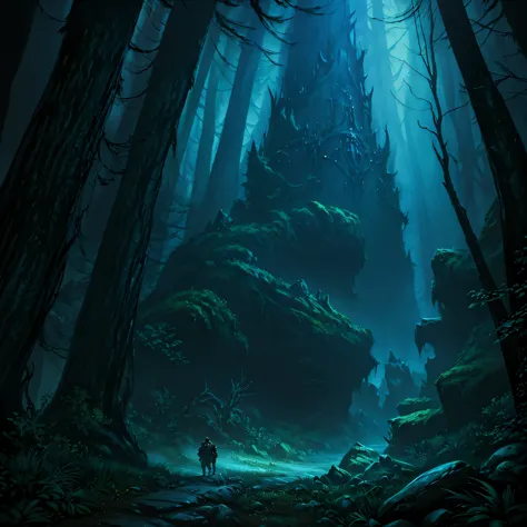 there is a man standing in a forest with a his dog, concept art of a dark forest, concept art stunning atmosphere, background ar...
