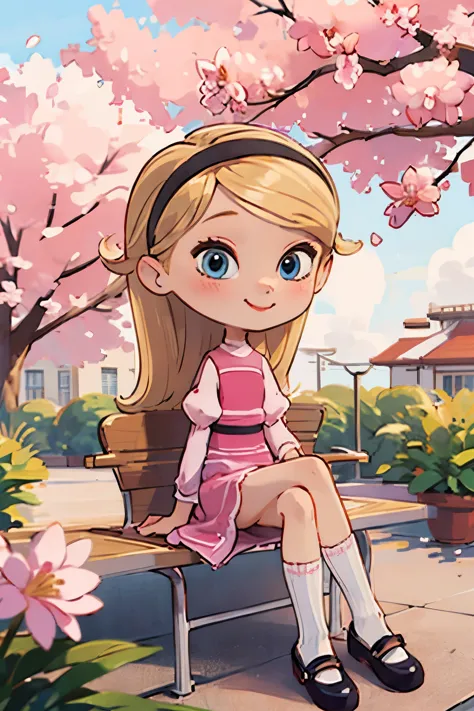 The beautiful girl wearing a , nine years old, has long blonde hair, hairband, blue eyes, ((pink dress)), puffy sleeves, white t...