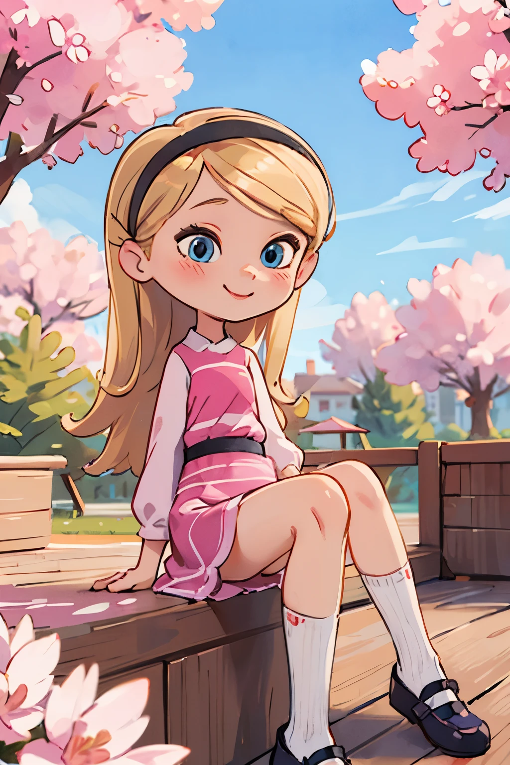 The beautiful girl wearing a , nine years old, has long blonde hair, hairband, blue eyes, ((pink dress)), puffy sleeves, white tube socks, her body parts are very ideal, her thighs are also chubby, her face has a sweet smile, her position is sitting on the terrace of the house overlooking the cherry blossoms on the terrace, and with polite sitting posture