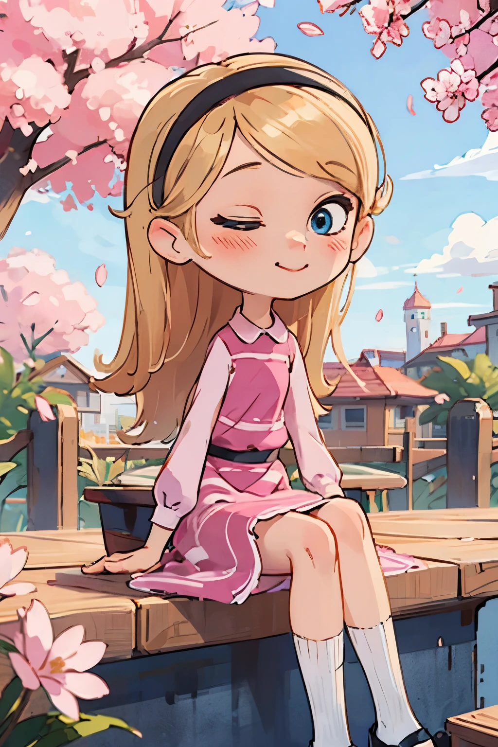 The beautiful girl wearing a , nine years old, has long blonde hair, hairband, blue eyes, ((pink dress)), puffy sleeves, white tube socks, black mary janes, her body parts are very ideal, her thighs are also chubby, her face has a sweet smile, her position is sitting on the terrace of the house overlooking the cherry blossoms on the terrace, and with polite sitting posture, closed mouth, one eye closed,