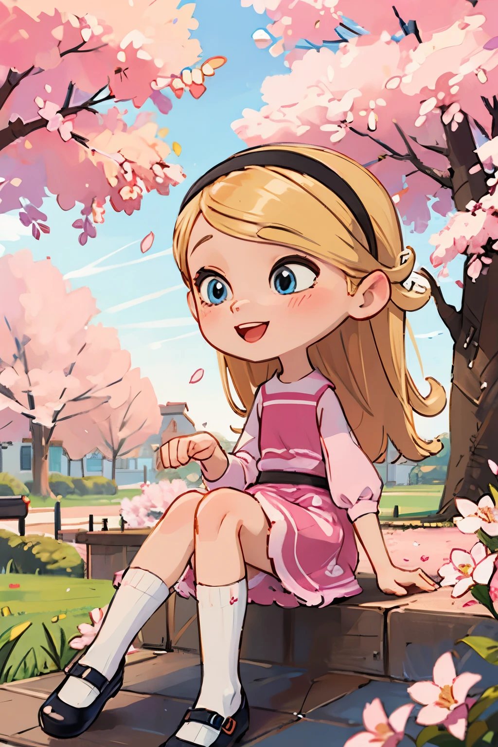 The beautiful girl wearing a , nine years old, has long blonde hair, hairband, blue eyes, ((pink dress)), puffy sleeves, white tube socks, black mary janes, her body parts are very ideal, her thighs are also chubby, her face has a sweet smile, her position is sitting on the terrace of the house overlooking the cherry blossoms on the terrace, and with polite sitting posture, happy, perky, cute, (huge Laughing:1.1), (open mouth:1.1)