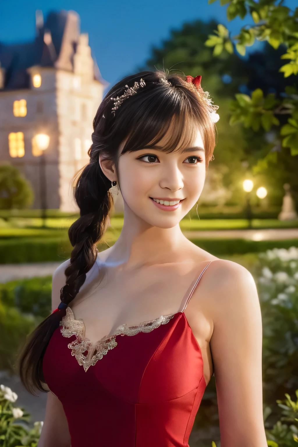 ((Tabletop:1.4, highest quality)), (Realistic photos:1.4), 
((1 girl)), (Pure actress), (dream-like), 
(超High resolution:1.2), Very delicate and beautiful, wonderful, very detailed Cg Unity 8K wallpaper, Very detailed, High resolution, 
Soft Light, Beautiful detailed girl, Very detailedな目と顔, Beautiful and detailed nose, Beautiful and detailed, 
(Wearing a long red dress:1.3), 
Cinema Lighting, Perfect Anatomy, Slender body, (Twin tails), (Parted bangs),
(In the gardens of an old European castle at night:1.3), (Outdoor), (Castle lit up),
Cowboy Shot, Looking at the audience, (smile)
