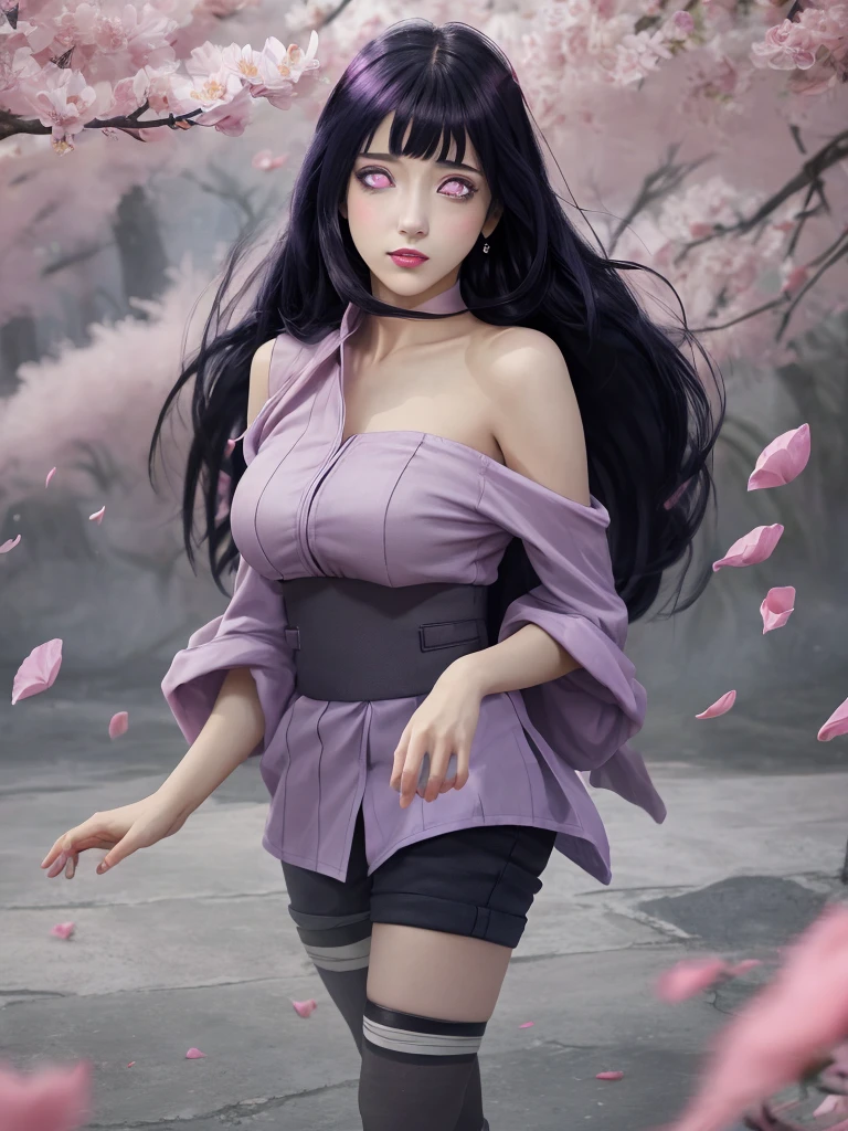 masterpiece, best quality, 1girl, looking at viewer, hinata\(shippuden\), parted lips, wind lift, bottomless, purple fabric ,blue black hair, long hair, white eyes, solid eyes, masterpiece, absurdres, hinata\(boruto\), 1girl, solo,mature female, off-shoulder oversized shirt, looking at viewer, (falling petals), perfect composition, detailed lips, beautiful face, body propotion, blush, (pink lips), long hair,  purple eyes,  soft gaze, perfect finger,,  super realistic, detailed, photoshoot, realistic face and body.