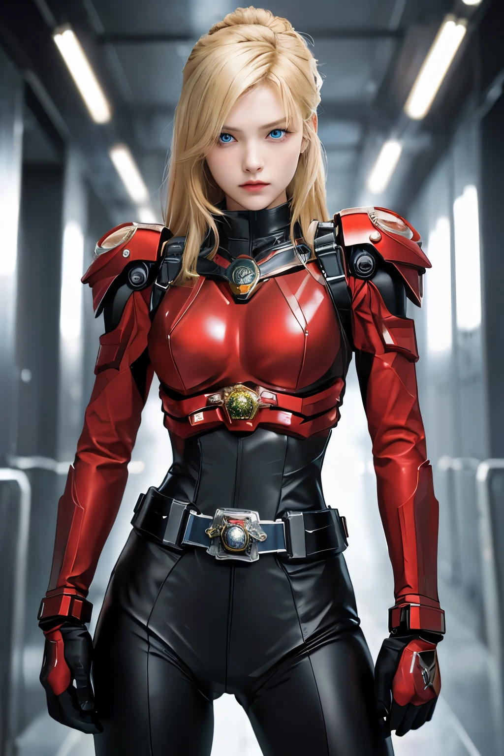 A beautiful woman. She has an angry look on her face.Blonde hair and blue eyes. She is looking at the camera with a defiant expression. 18 years old. She wears a red, metallic combat uniform that fits her body perfectly. ((There is something on his waist that is reminiscent of Kamen Rider's transformation belt.)) She is standing in the hallway of the space battleship.