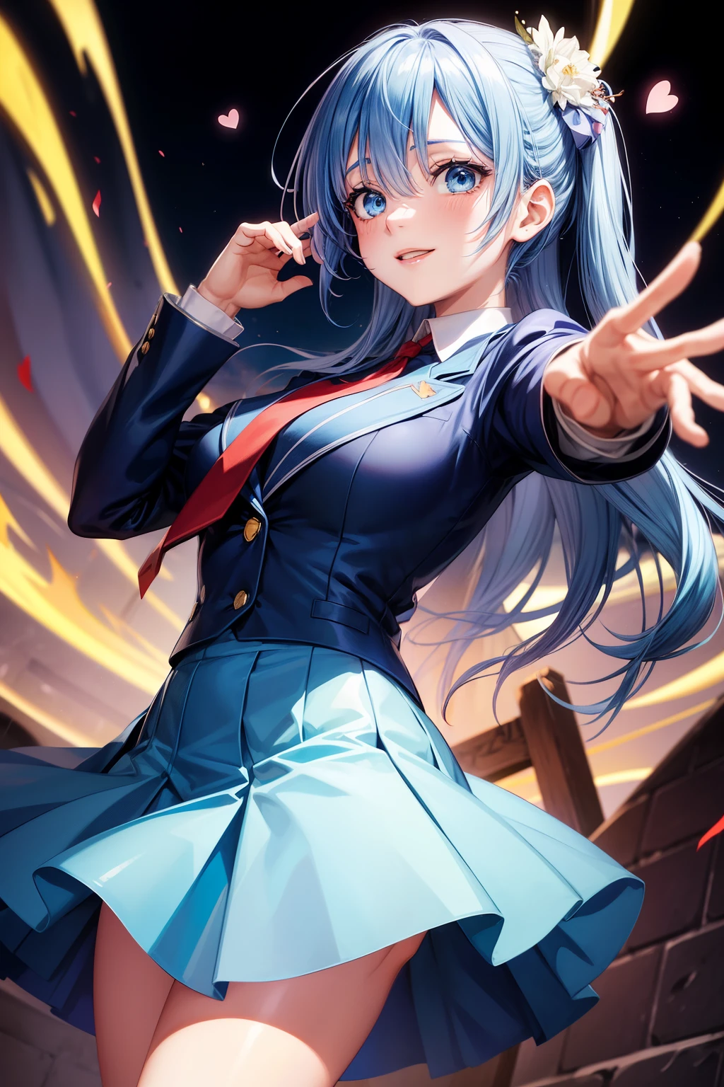 A  from the anime with blue hair, blue eyes and a sweet smile stands in the center of an illustration for Valentine's Day. She is wearing a blue skirt suit over a white shirt and a red tie with the inscription "Rem 100%". In the background, there are hearts flying around her head. Her pose shows confidence when she poses for a photo. The image is made in the style of anime screenshots