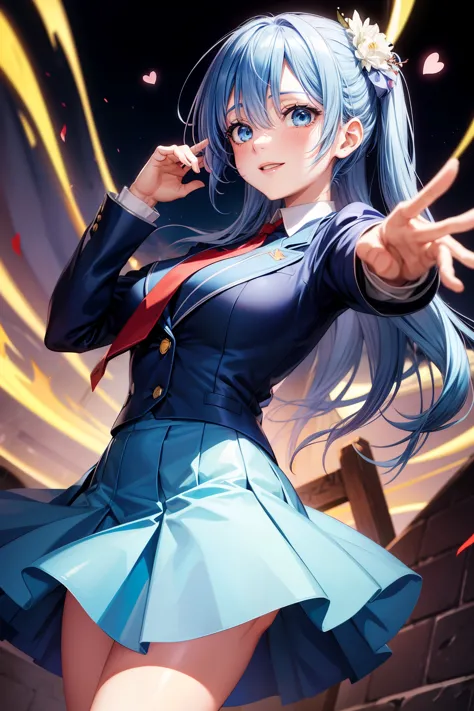 A  from the anime with blue hair, blue eyes and a sweet smile stands in the center of an illustration for Valentine's Day. She i...