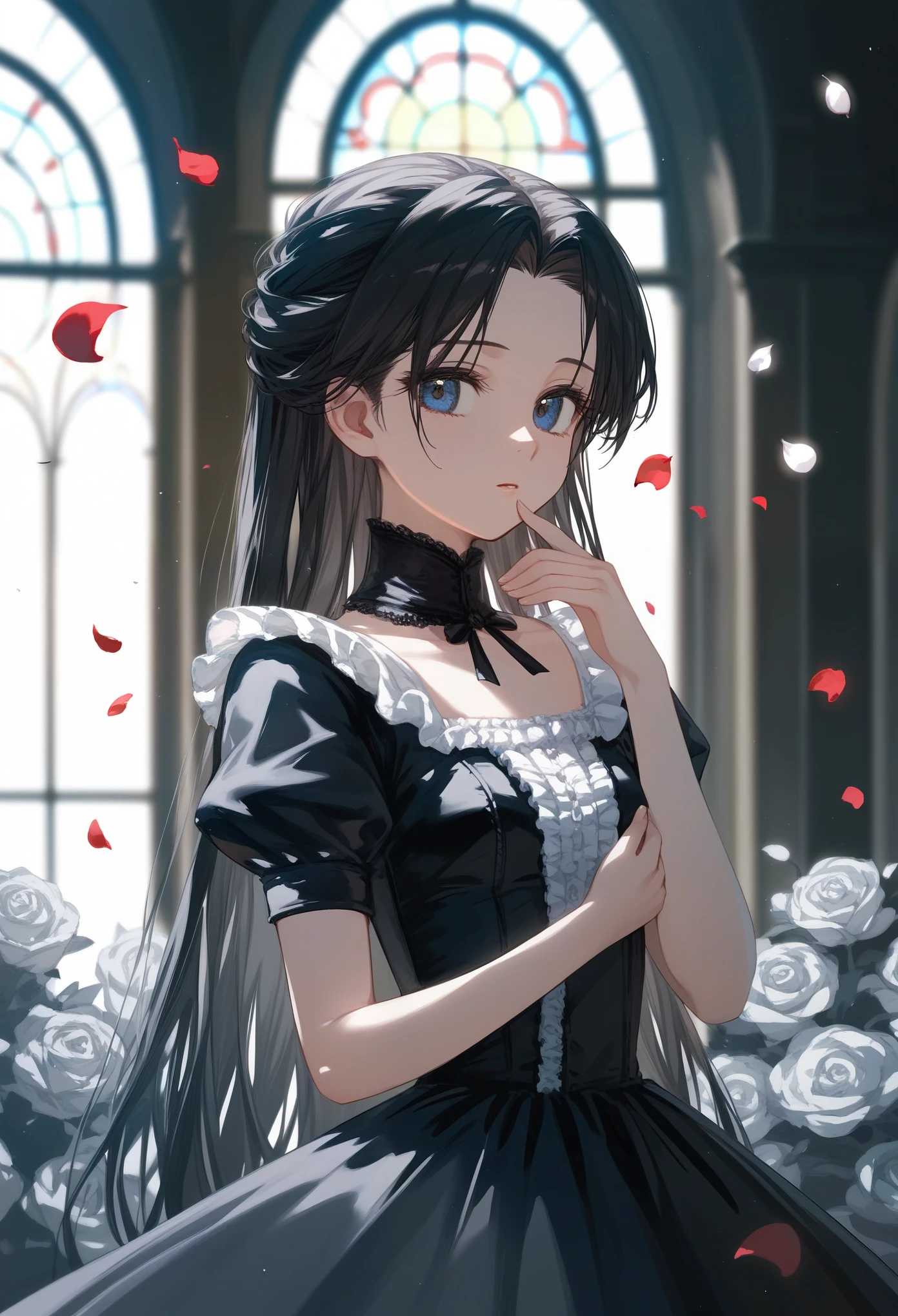 masterpiece, T-ponyai3 style, upper body, score_9, score_8_up, score_7_up, front, 1girl, solo, black hair, long hair, parted bangs, dark blue eyes, innexpressive, pale skin, small breasts, upper body, victorian fashion, black dress, frilled dress, short sleeves, hand stroking own chin, delicate hand, white rose petals, church window background, best quality
