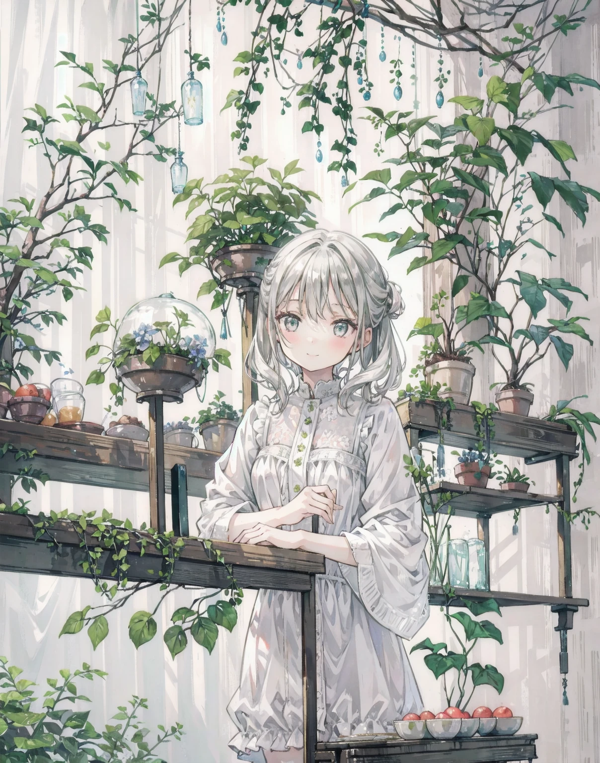 cinematic lighting, gentle smile, upturned cheeks, slightly shining silver gray hair, coquettish hair, half up do, silky luster, plants, flowers, spring ephemerals, 1girl, solo, 