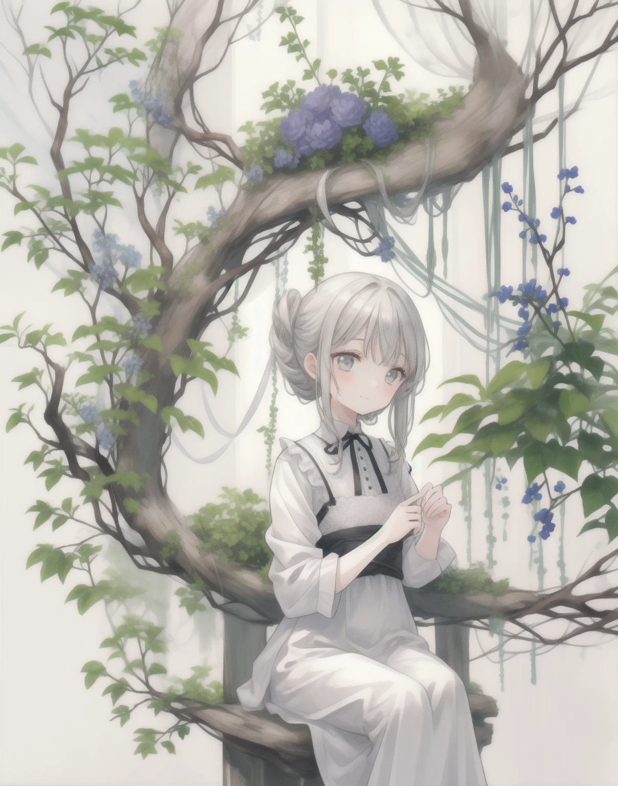 natural lighting, gentle smile, upturned cheeks, slightly shining silver gray hair, coquettish hair, half up do, silky luster, plants, flowers, spring ephemerals, 