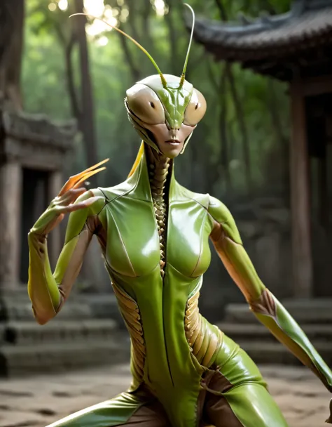 (Best Quality, 4K, 8K, High Definition, Masterpiece: 1.2), (Ultra Detailed, Realistic, Photorealistic: 1.37), (At the ruins of an ancient temple:1.2), (a hybrid alien known as "Manti and Human-Female", Human A terrifying fusion of a woman and a praying mantis: 1.5). (She's doing praying mantis kung fu:1.4). She has sickle-shaped praying mantis arms, green insect eyes, intricate eye and lip details, martial arts strong and fierce posture, dark colors, dynamic lighting, traditional Chinese martial arts, and fluid movements. She's practicing. Dark ancient temple ruins background, delicate and powerful blows, determination and concentration, accuracy and agility, strength and grace. Her martial arts training is harmoniously blended, and her flowing hair enhances her sense of movement and enhances her calmness of mind. In the midst of the intensity, the gaze of a monster towards the enemy, the kung fu of a praying mantis. Her body is full of grace, strength, energy and power. (Motion Blur: 1.2) (A golden aura is rising from her body). (Eyeless, Noseless, Strange Monster, Mutant, Deformed Face, Ugly Face, Praying Mantis Face: 1.6), (Mysterious Alien: 1.4)