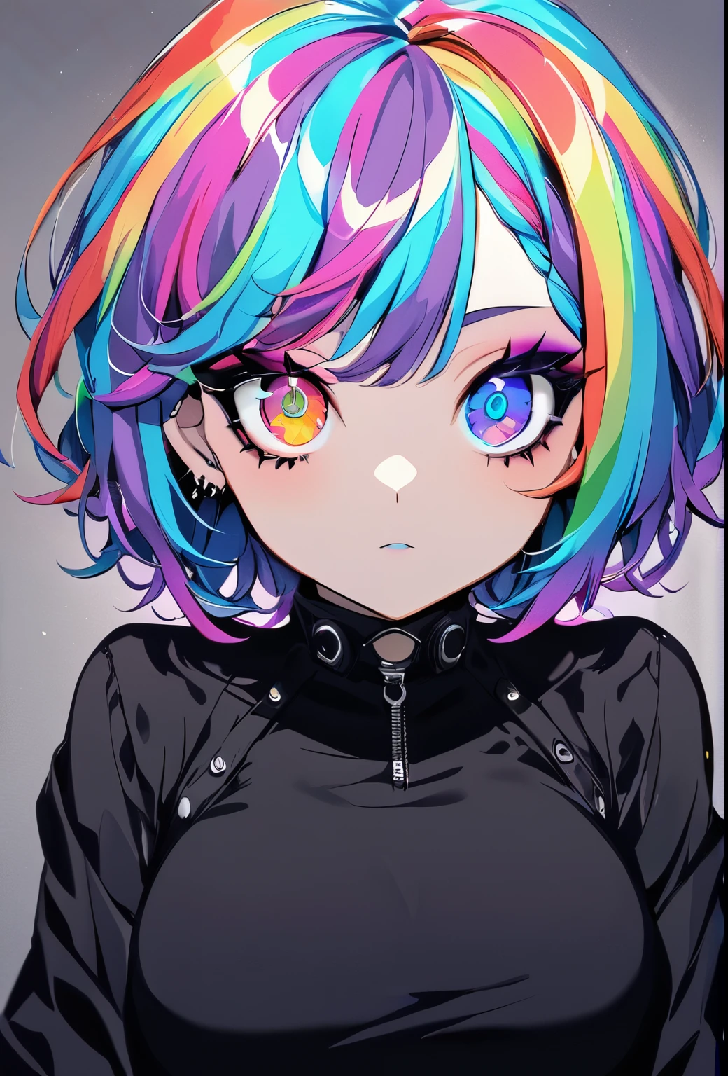 Holo-Punk Style, 1girl, solo, goth ,short messy hair with long sides, short hair, eyeshadow, mascara, color: spectrum, vivid colors, rainbow hair , bright rainbow hair, perfect eyes, detailed eyes, big breasts, indoors, long sleeves, highly detailed portrait, cute, full body shot