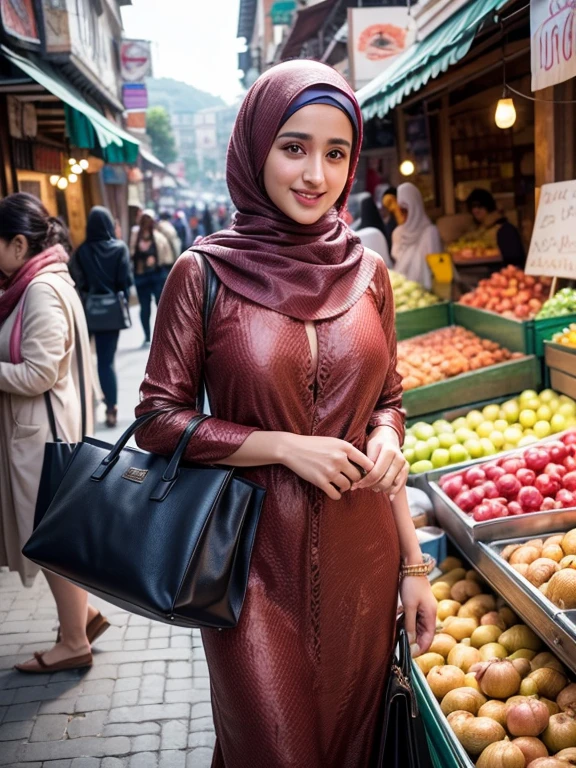 A beauty Disha Patani with hijab, holding a handbag, shopping in the market, beautiful detailed eyes, beautiful detailed lips, extremely detailed eyes and face, long eyelashes, cheerful expression, perfect hands, handbag in hand, shopping in a vibrant market, exotic spices and colorful fruits and vegetables, atmospheric lighting, deep and warm color tones, traditional market setting, authentic and lively atmosphere, creative stall displays, interaction with friendly vendors, smiling faces, and bustling crowd, local architecture and cultural elements in the background, (best quality, 4k, 8k,highres, masterpiece:1.2), ultra-detailed, (realistic, photorealistic, photo-realistic:1.3), (full body portrait), tall background