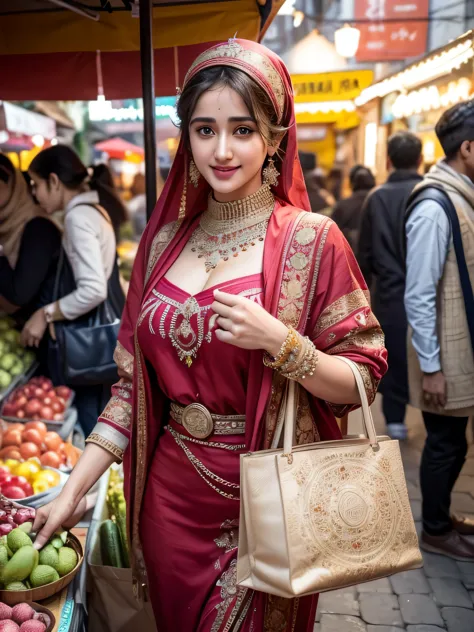A beauty Disha Patani with hijab, holding a handbag, shopping in the market, beautiful detailed eyes, beautiful detailed lips, e...