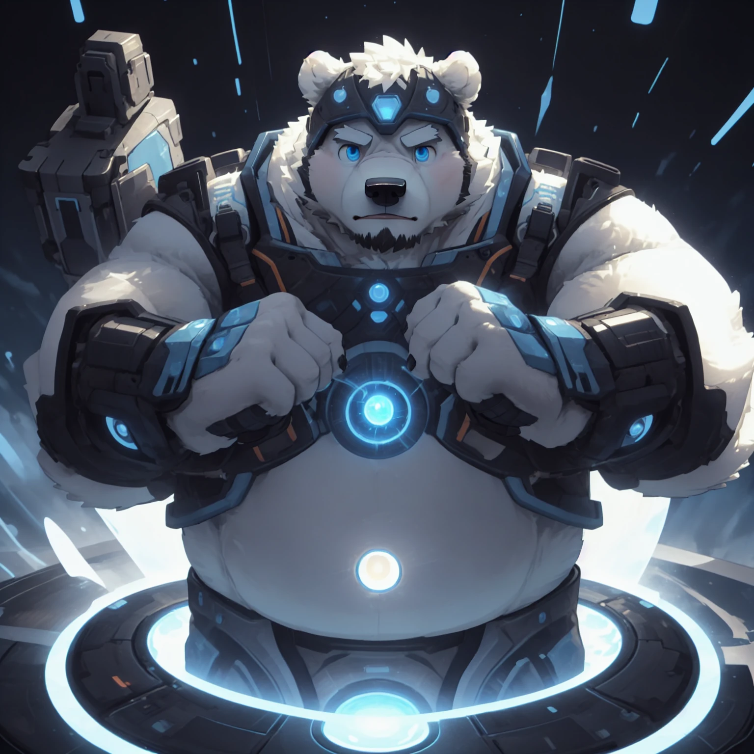 New Jersey 5 Furry,polar bear，Personal portrait,Unique，Exquisite， Chubby，Fat，Thick arms，Rugged muscles，White plush fur，Chubby脸，Black eyebrows，Sky blue eyes，Beard，High-tech armor，Mecha Style，Glowing core，High-tech portal，The light surrounds the body，fighting