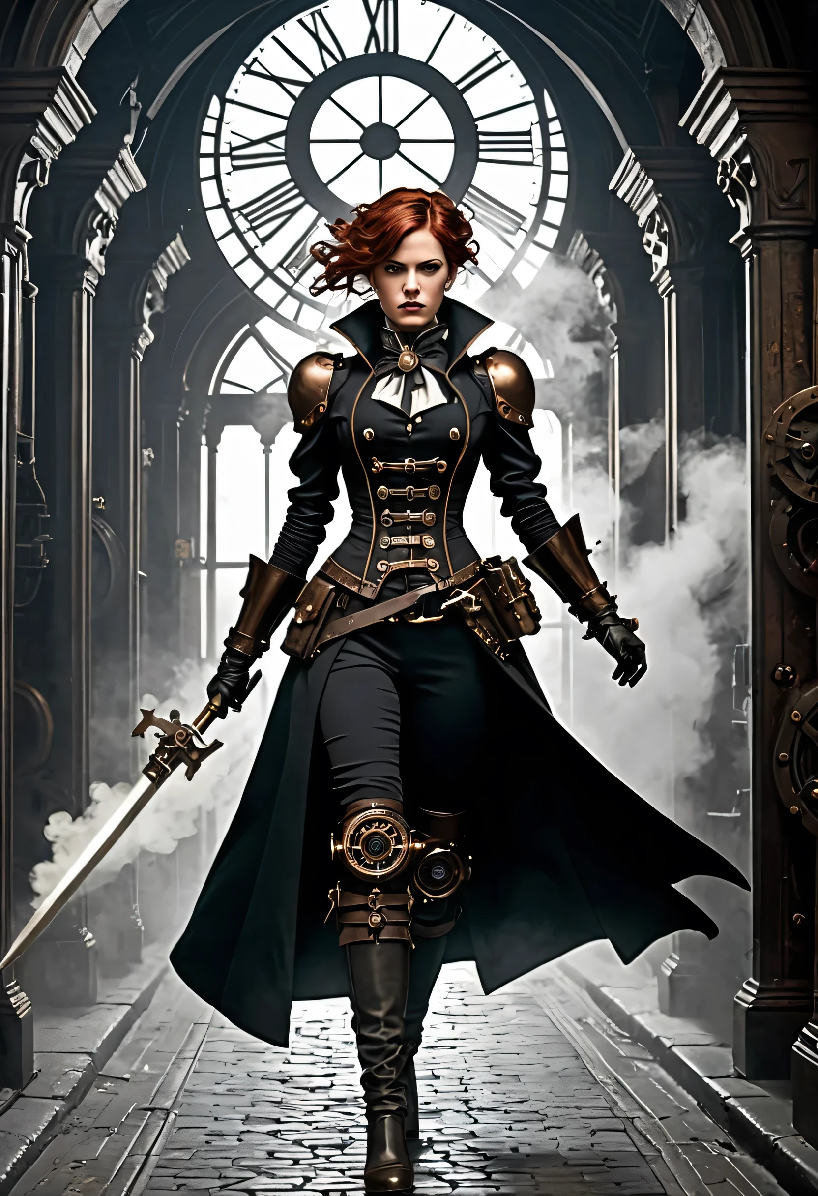 style gothique évoque l&#39;image d&#39;un féroce guerrier décopunk naviguant dans un décor steampunk granuleux., où les gadgets complexes et les mécanismes d&#39;horlogerie règnent en maître. Leur corps incarne l&#39;esprit rebelle du sous-genre Decopunk. Des passepoils en cuivre et des accessoires en laiton ornent sa tenue, accentuant ses mouvements alors qu&#39;elle déambule dans les couloirs labyrinthiques d&#39;une ville de l&#39;ère victorienne. Des sifflets à vapeur soufflent au loin, signaler l&#39;approche des adversaires, tandis que les engrenages tournent de façon menaçante au-dessus de nos têtes. sans se laisser décourager, notre héroïne fonce en avant, sabre levé, prête à défendre ses idéaux contre le régime oppressif qui gouverne cette réalité alternative. . sombre, mystérieux, hanté, Spectaculaire, orné, détaillé,