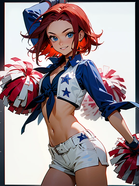 kallen stadtfeld, blue eyes, red hair, short hair, Dallas_Cowboys_Cheerleaders_Anime, shorts, midriff, short shorts, navel, white shorts, tied shirt, front-tie top, crop top, belt, cheerleader, vest, earrings, jewelry, gloves, smile, highly detailed, HD, 4K, Masterpiece, highres