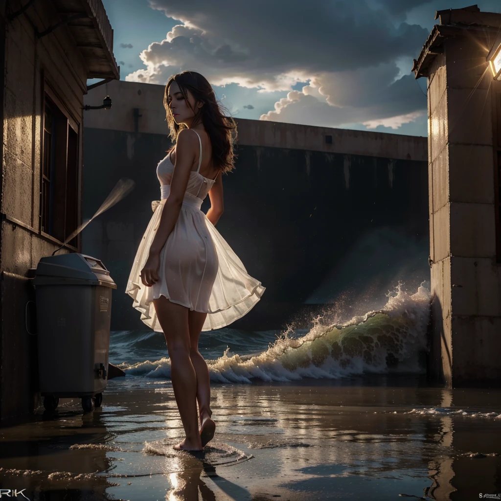 (YES NSFW), (1girl), 25yr old girl runs, girl alone escapes from floods and huge waves, (solo girl:1.3), Girl wearing a very long evening white transparent dress, windyupskirt, wind rises her dress showing groin area、((dress lift by yourself)))、(Lifted by yourself)、panties off、no panties、red blush、aparted lips、looking at the viewers、 wind moves dress showing her perfect ass. (Front view:1.3). Beautiful face. She runs down in Marrakesh streets. garbage dumpsters around, off-end road，abandoned building，Garbage all over the ground, City landscape. She escapes running from floods and huge waves, Beautiful perfect face. Closed eyes, slightly open mouth, smooth skin, real pores, (windyupskirt), heavy rain, hide one's hands、Do not show your hands. Fog, smoke, front view, best quality, fine details, {{masterpiece, best quality, extremely detailed CG, unity 8k wallpaper, cinematic lighting, lens flare}}. ((extreme detail)), (ultra-detailed), best quality, ultra high res, (8k, RAW photo, masterpiece, realistic, photorealistic:1.4), 8k uhd, dslr, absurdres, ray tracing, high quality texture, intricate details, detailed texture, finely detailed. Extremely Detailed CG Unity 8K Wallpapers、top-quality、​masterpiece、realisitic、Photo Real, Dramatic lights, sunrise illumination, light scattering by particles in a colloid such as a very fine suspension (a sol), Tyndall effect, (tyndall effect:1.5)