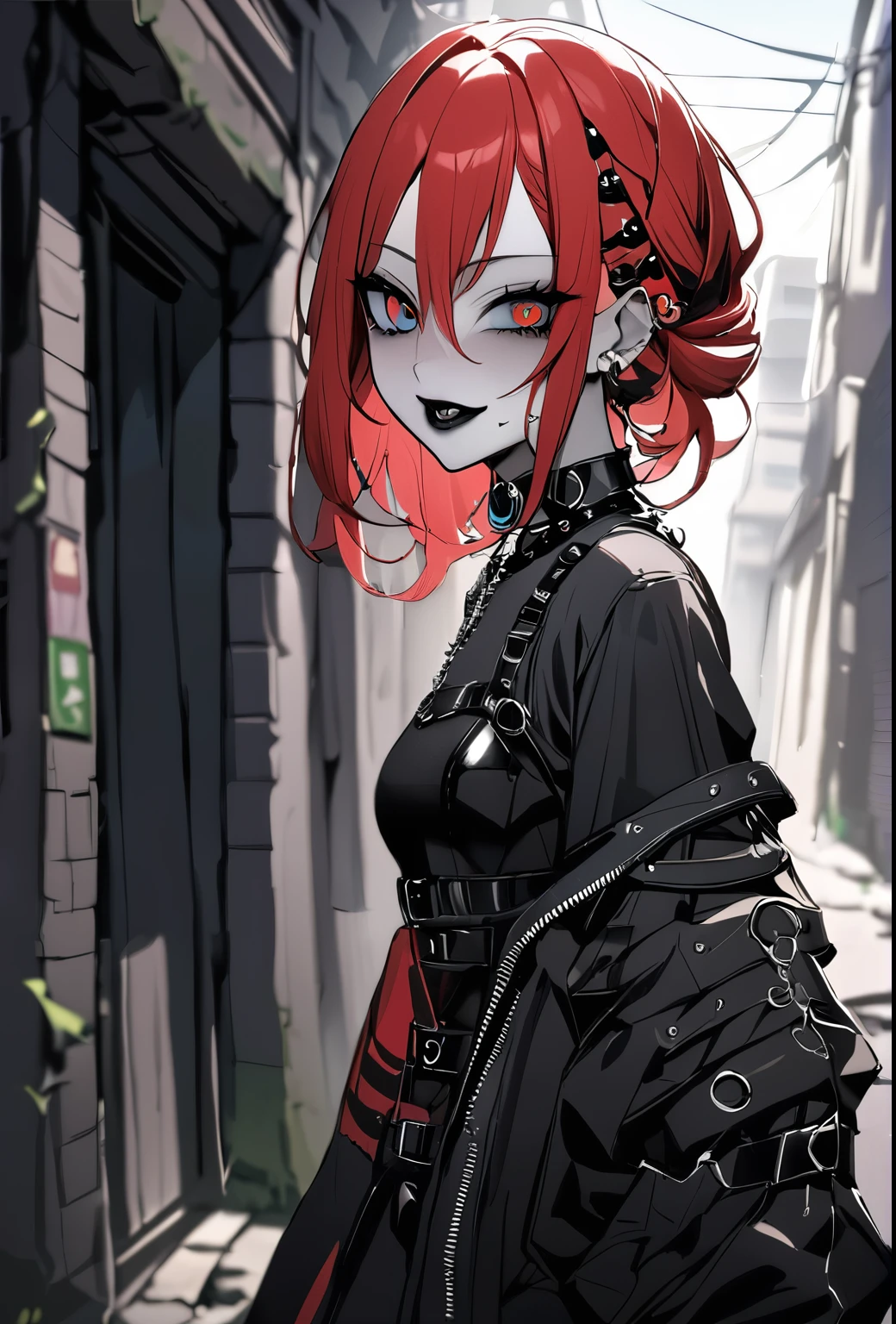 Holo-Punk Style, ((best quality)),((masterpiece)),((strikingly beautiful)), goth, excited, pale skin, smoky eyes, vivid colors, punk clothing, rock hairstyle, red hair, black lips, abandoned street, body view