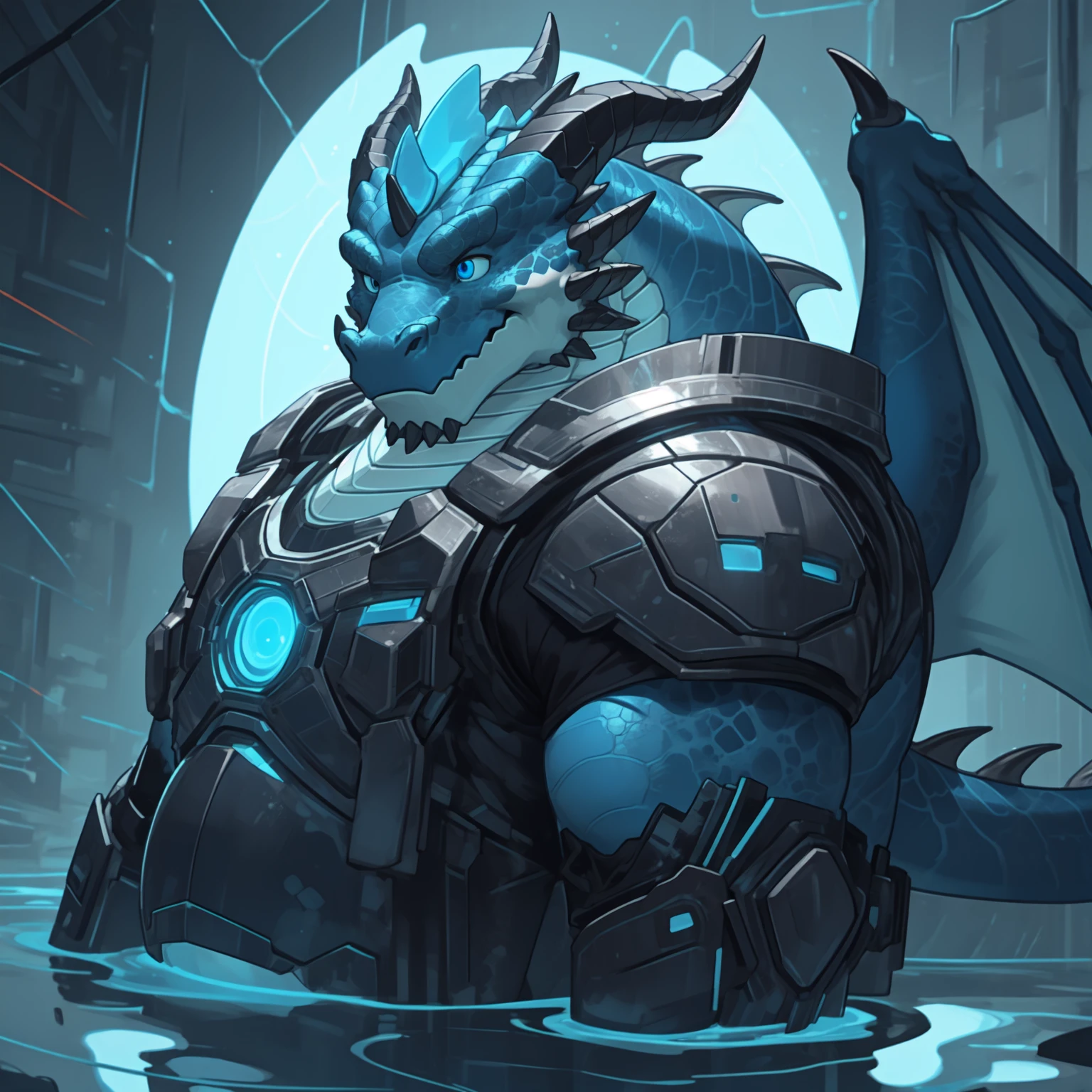 New Jersey 5 Furry,Earth dragon，With a pair of dragon wings，There are black dragon horns on the head，Dragon&#39;s Tail，portrait，Exquisite， Chubby，Fat，Rounded face，Thick arms，Rugged muscles，Blue Skin，Chubby脸，Black eyebrows，Dark blue eyes，High-tech armor，Mecha Style，Glowing core，High-tech portal，The light surrounds the body，fighting