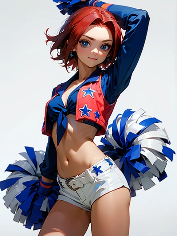 kallen stadtfeld, blue eyes, red hair, short hair, Dallas_Cowboys_Cheerleaders_Anime, shorts, midriff, short shorts, navel, white shorts, tied shirt, front-tie top, crop top, belt, cheerleader, vest, earrings, jewelry, gloves, smile, highly detailed, HD, 4K, Masterpiece, highres