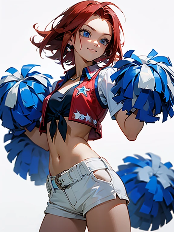 kallen stadtfeld, blue eyes, red hair, short hair, Dallas_Cowboys_Cheerleaders_Anime, shorts, midriff, short shorts, navel, white shorts, tied shirt, front-tie top, crop top, belt, cheerleader, vest, earrings, jewelry, gloves, smile, highly detailed, HD, 4K, Masterpiece, highres