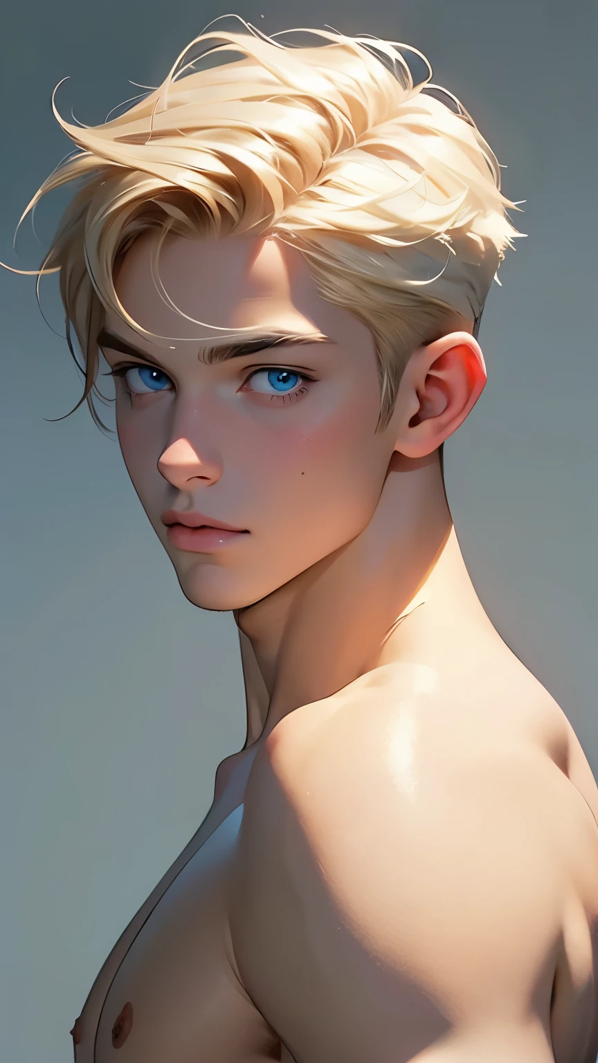 Caucasian man,  thin nose, thin lips, blue eyes, blonde hair, jock putfit, slightly fleshy undertone, young handsome face, pastel art 