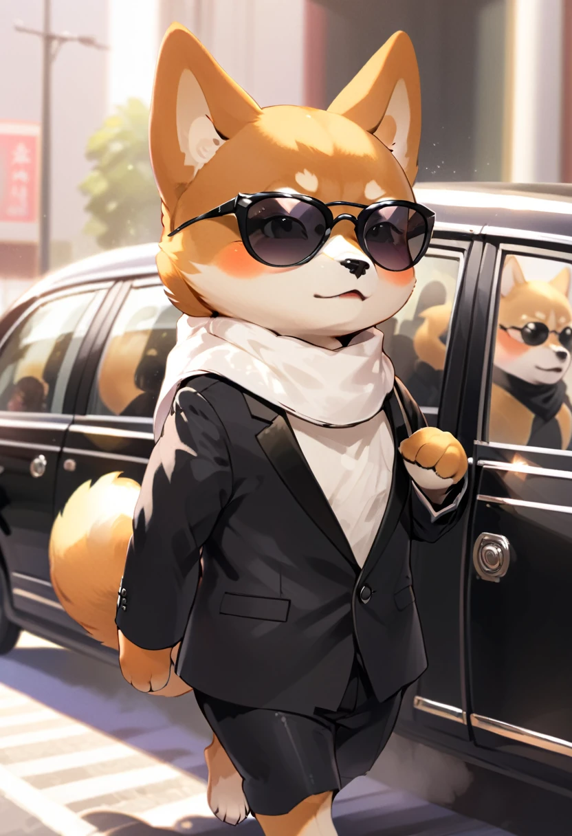 Shiba Inu Hund, trägt komplett schwarzen Anzug, weißer Schal, Sonnenbrille, aus einer Limousine aussteigen wie ein Boss, Yakuza-Stil, pelziger Anime, Cowboy-Schuss, dynamische Vision, Ultra-HD-Qualität